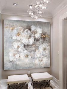 Texture White Flower Picture Wall Art Hand Painted Modern Abstract Oil Painting On Canvas For Living Room Home Decor No Frame