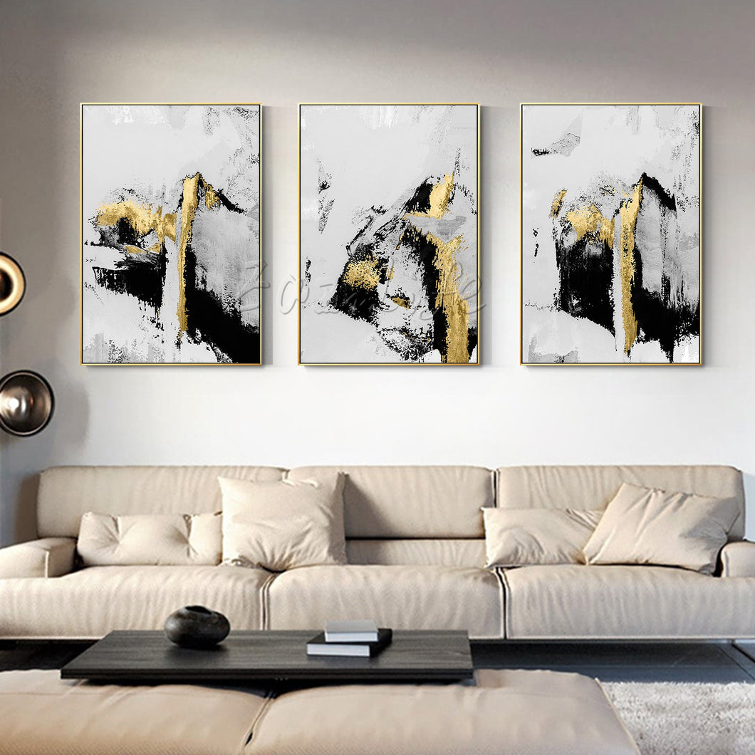 Set of 3 Abstract modern grey white black Hand Painted Oil painting On Canvas Wall art decoration Painting For Living Room