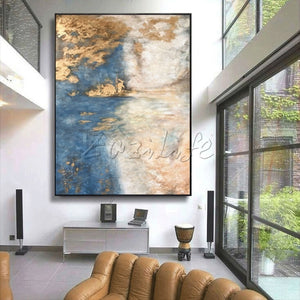 Modern Abstract Blue Gold Grey White Canvas Oil Handmade Painting Acrylic Wall Art Picture for living room Home Decoracion