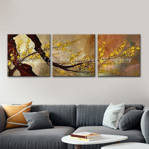 3 Pcs Handmade Golden Wintersweet Flowers Oil Painting on Canvas Modern Wall Art Pictures For Living Room Home Decoration
