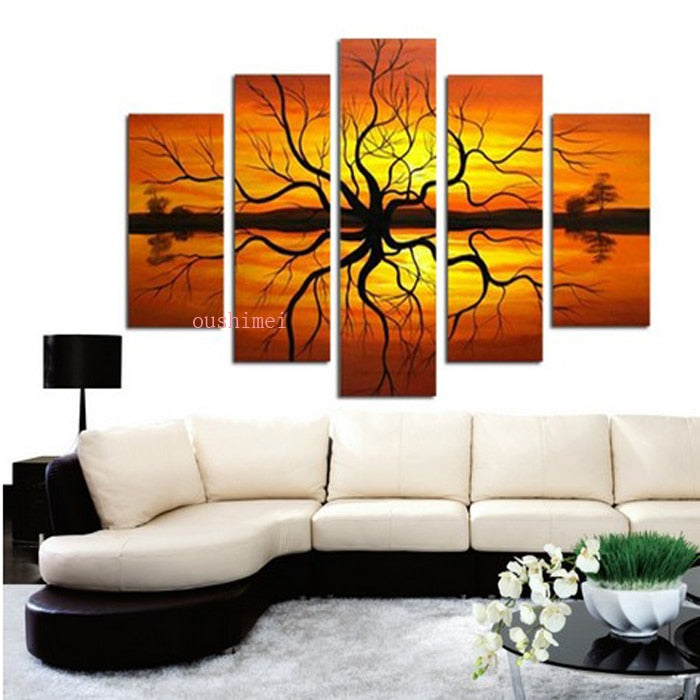 Top Handmade 5 Pcs Modern Picture On Canvas Abstract Oil Painting Handmade Abstract Wall Art Landscape Pictures Sunrise Painting