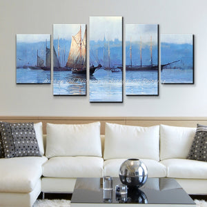 5 PCS Modern Abstract Wall Paintings Blue Ocean White Sailing Boats Oil Painting on Canvas Handmade Home Decorative Art Pictures
