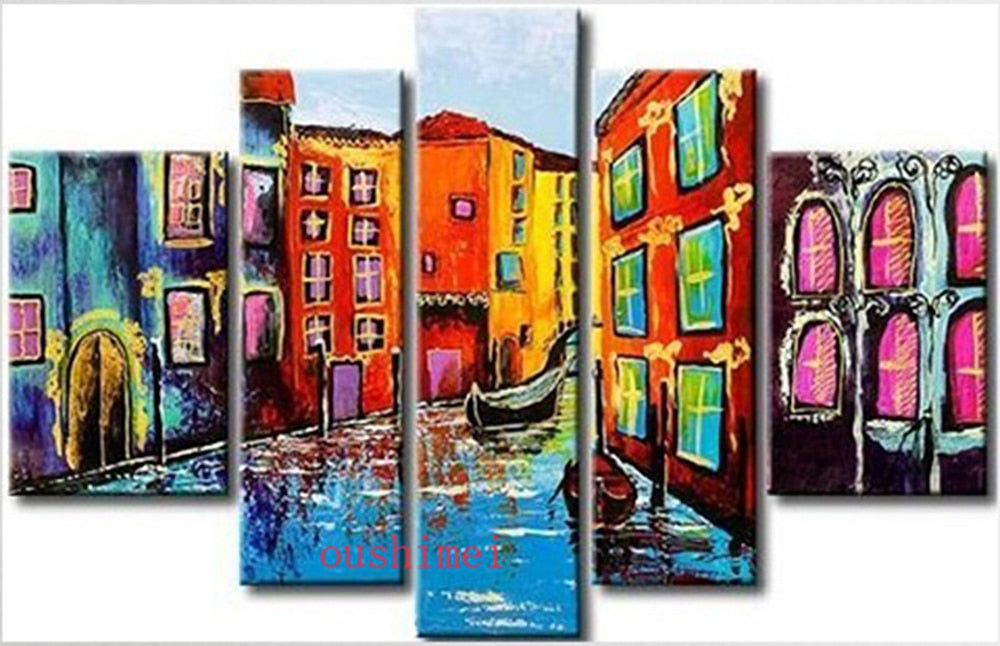 Handmade 5 Pcs Modern Picture On Canvas Building Oil Painting For Living Room Wall Pictures Abstract Venice Landscape