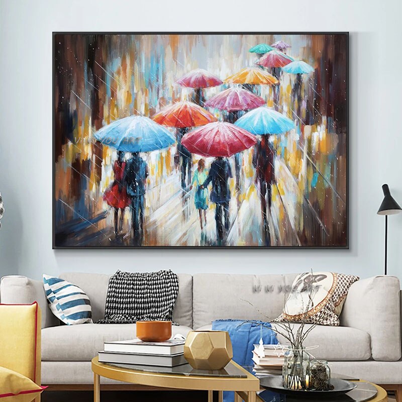 Large Abstract People Walking In The Rain With Umbrellas Painting100% Handmade Oil Painting On Canvas Modern Derorative Wall Art