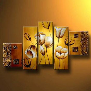 5pcs Hand Painted Oil Painting Modern Canvas Art Wall Decor Charming Tulips On The Gold--Floral Oil Painting Wall Art