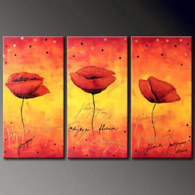 3pcs Hand Painted Canvas Painting-Three Cheerful Poppies-Modern Canvas Art Wall Decor-Floral Oil Painting Wall Art