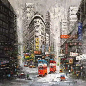 100%Hand Painted Canvas Knife Oil Painting Abstract Hong Kong Trams Street Canvas Painting Wall Art Picture for Home Decoration