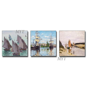 3 PCS Handpainted Boat and People Pictures Oil Painting  For Living Room Home Decoration Oil Painting On Canva Wall Art No Frame