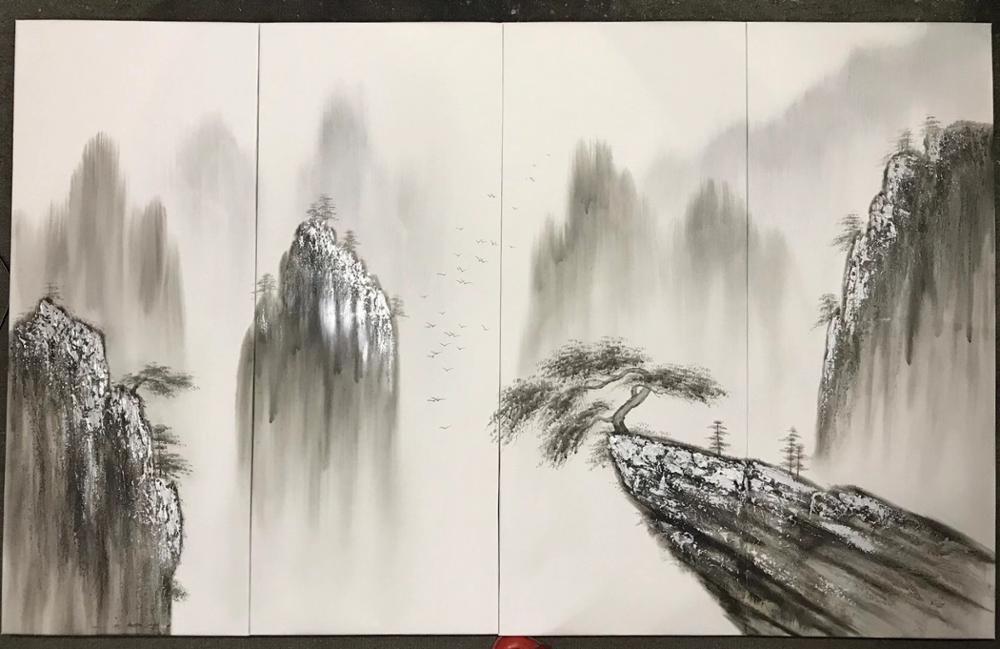 100% Hand Painted 4 pcs Modern Chinese Landscape Oil Painting on Canvas Abstract Canvas Painting Wall art Picture for Home Decor
