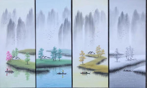 100% Hand Painted 4 pcs Modern Chinese Landscape Oil Painting on Canvas Abstract Canvas Painting Wall art Picture for Home Decor