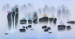 100% Hand Painted 4 pcs Modern Chinese Landscape Oil Painting on Canvas Abstract Canvas Painting Wall art Picture for Home Decor