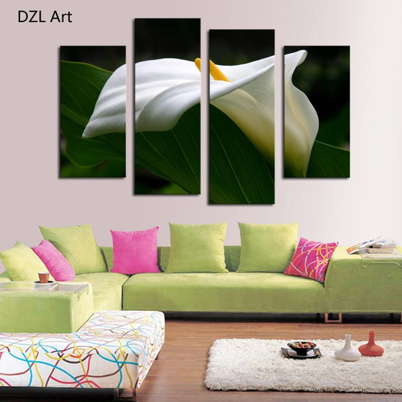 4 Pcs (No Frame)White Flower Wall Art HD Modern Picture Print On Canvas Painting Home Decoration For Living Room Canvas Painting