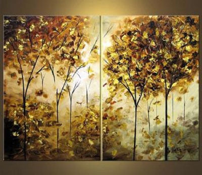 2pcs Hand Painted Canvas Painting-Golden-Modern Canvas Art Wall Decor-Landscape Oil Painting Wall Art