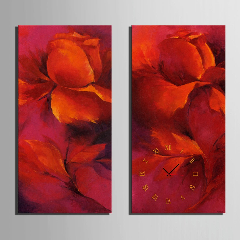 Red Flowers Clock in Canvas 2pcs wall clock