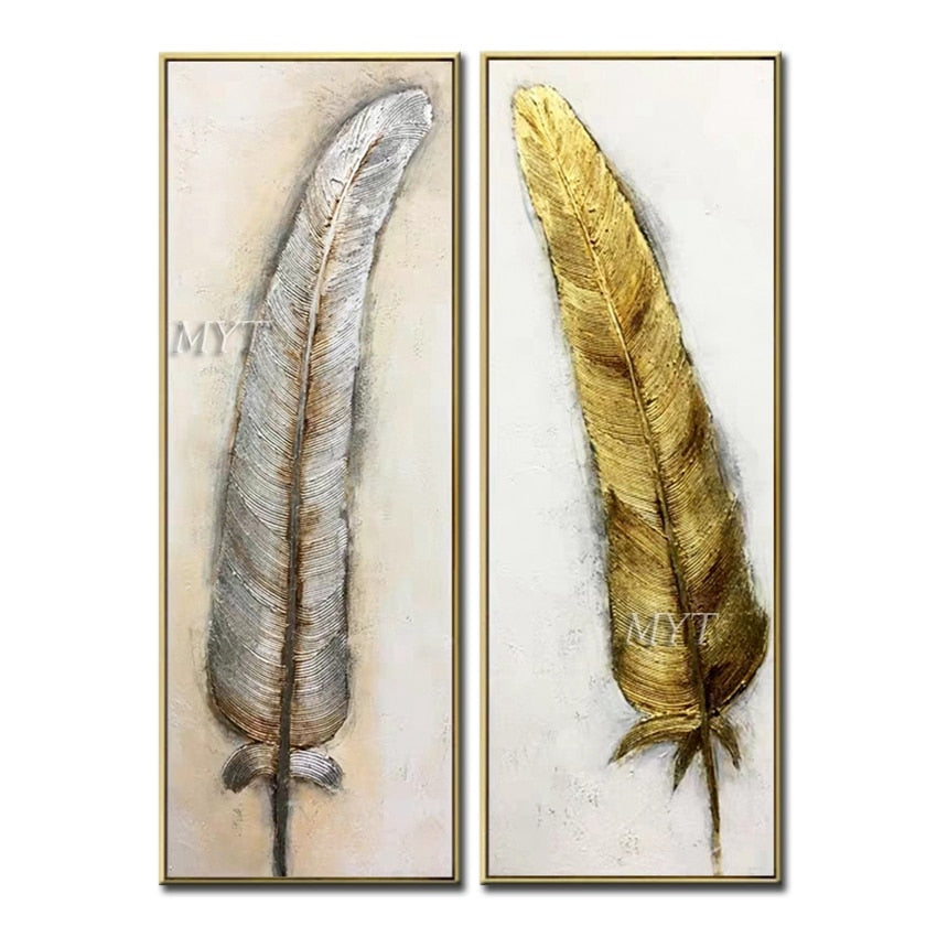 Golden Gray Color Feather 2PCS As 1 Set 100% Hand Painted Pictures Modern Abstract Oil Paintings On Canvas Home Wall Art Canvas
