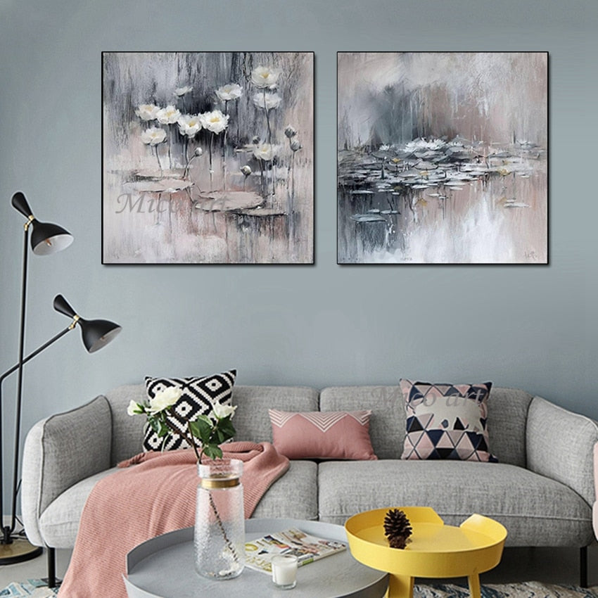 2PCS Flowers 1 Set  Pictures Oil Pianting With Ink And Lotus Handmade Oil Paintings On Canvas New Arrival Wall Art For Room