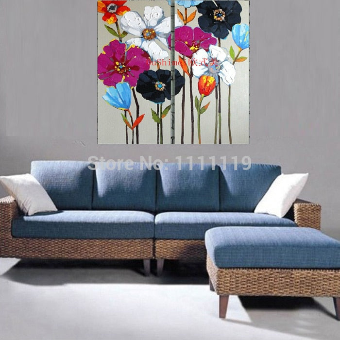 100% Hand Painted Knife Flowers Pictures On Canvas Hang Paintings For Living Room Decor 2PCS Group of Flower Oil Paintings