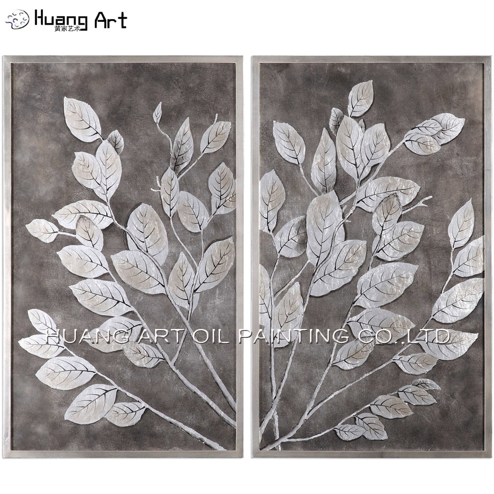 Money Tree 2Pcs Oil Painting on Canvas for Home Decor Handmade Modern Leaves Landscape Painting for Room WallDecoration Art