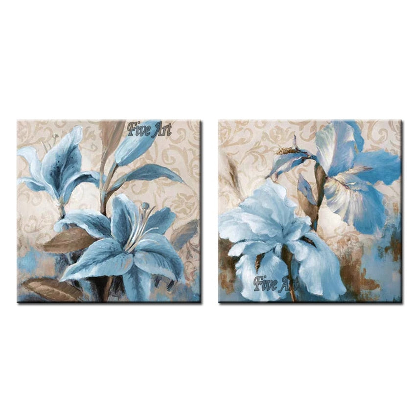 Real Handmade 2PCS Unframed Abstract Blue Flower Oil Painting Wall Decoration Canvas Art Pictures Artwork For Hotel Wall Decor