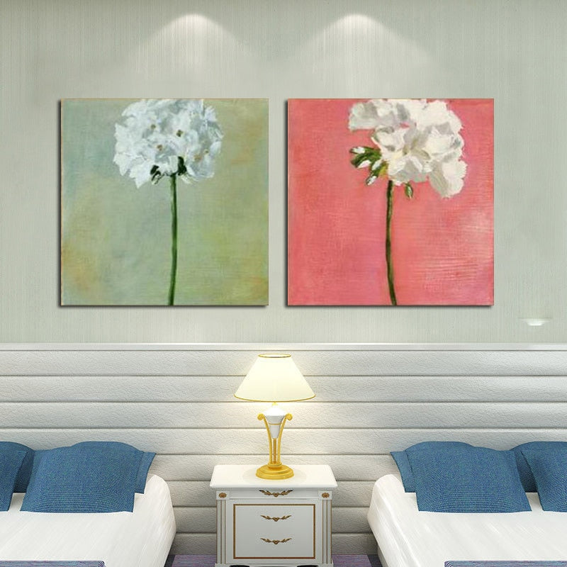 100% Handpainted 2pcs/lot pure flowers white green pink busy spring oil painting on canvas wall art picture home decor