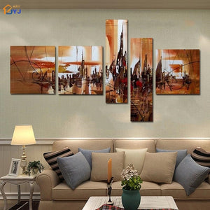 Modular 5 Panels Thick Texture Cityscape View Picture Wall Art Gift Hand Painted Modern Abstract Oil Painting on Canvas Z075