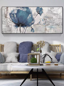Nordic Blue Flower Picture 100% Hand Painted Modern Abstract Oil Painting on Canvas Wall Art for Living Room Home Decor No Frame