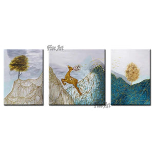Modern Living Room Decoration Gold Foil Oil Painting Running Deer Canvas Picture Wall Art Hand Painted 3PCS Group Paintings