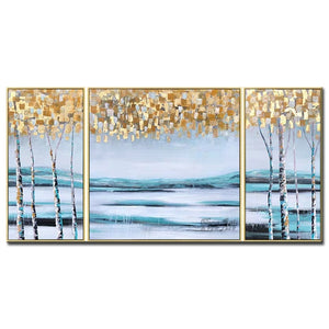 Modern New Golden Foil Textured Abstract Tree Oil Painting Canvas Wall Picture Art Pure Handmade 3PCS Canvas Wall Art Unframed