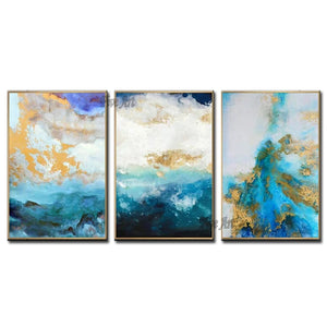 Latest Blue Design Abstract 3 Panels Canvas Wall Art Unframed Handmade Texture Oil Painting Cheap Hot Selling Canvas Artwork