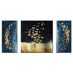 Unframed 3PCS Group Gold Foil Design 100% Hand Painted Gold Fishes Design Abstract Oil Painting Wall Picture Artwork Canvas Art