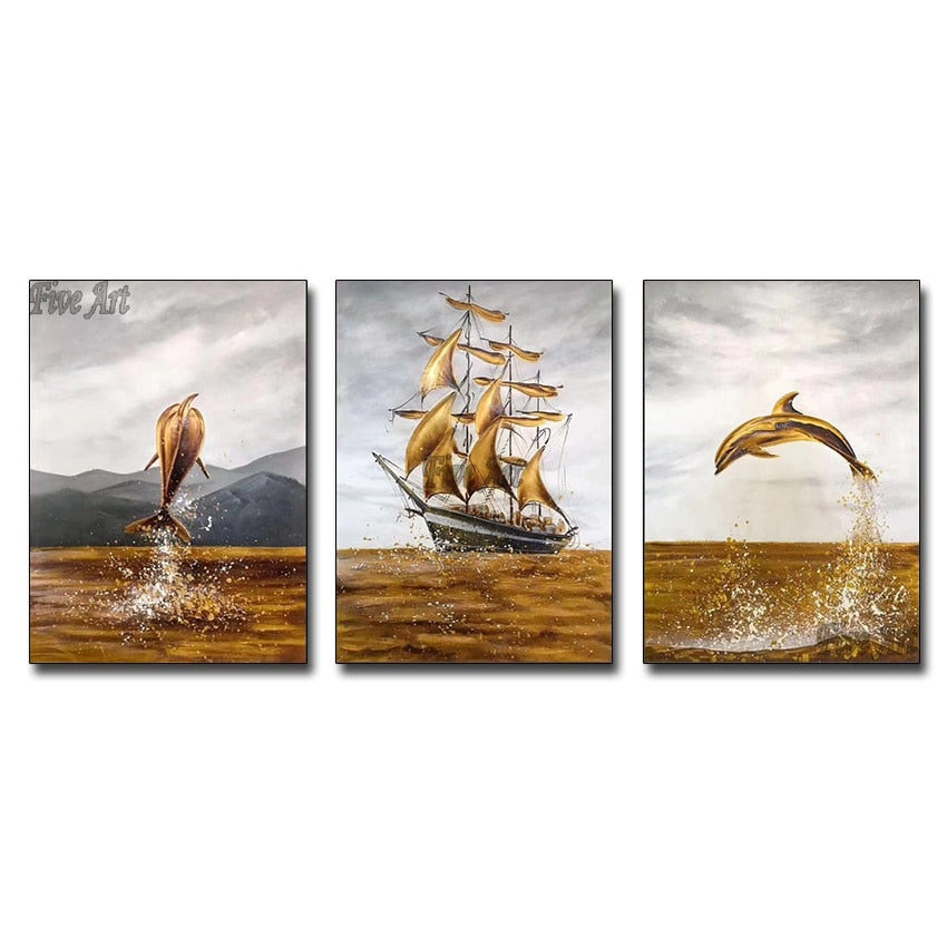 Dolphins Jump Out Of The Water Real Picture Oil Painting On Canvas Wall Art Pictures For Living Room Hotel Decor Best Gift