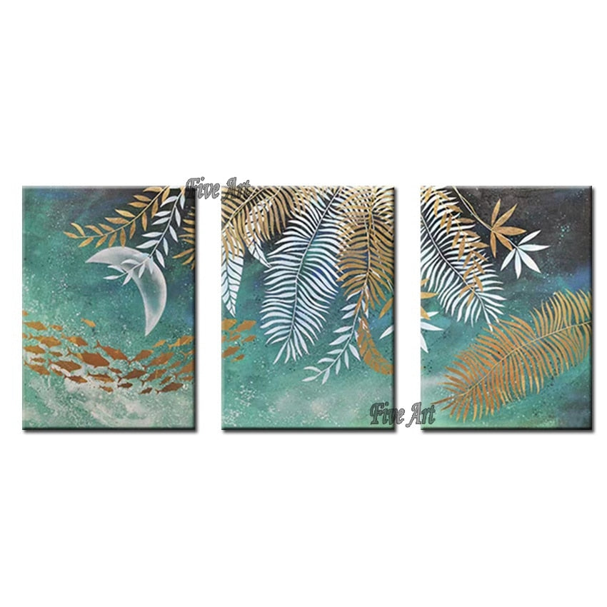 Large Abstract Gold Leaves 3PCS Group Oil Painting Canvas Wall Decor Art Free Shipping 100% Handmade Wall Decor Picture Artwork