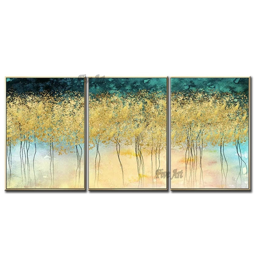 Modern Gold Tree Home Decor Oil Painting 3 Panels Canvas Wall Art Unframed Artwork Picture Pieces Paintings For Living Room