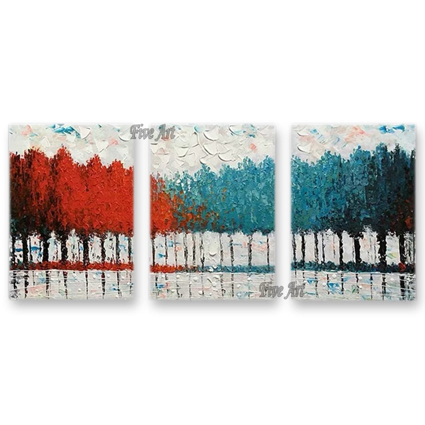 3PCS Group Canvas Oil Painting Art Modern Living Room Decoration Pieces Unframed Texture Forest Colorful Trees Wall Art Picture