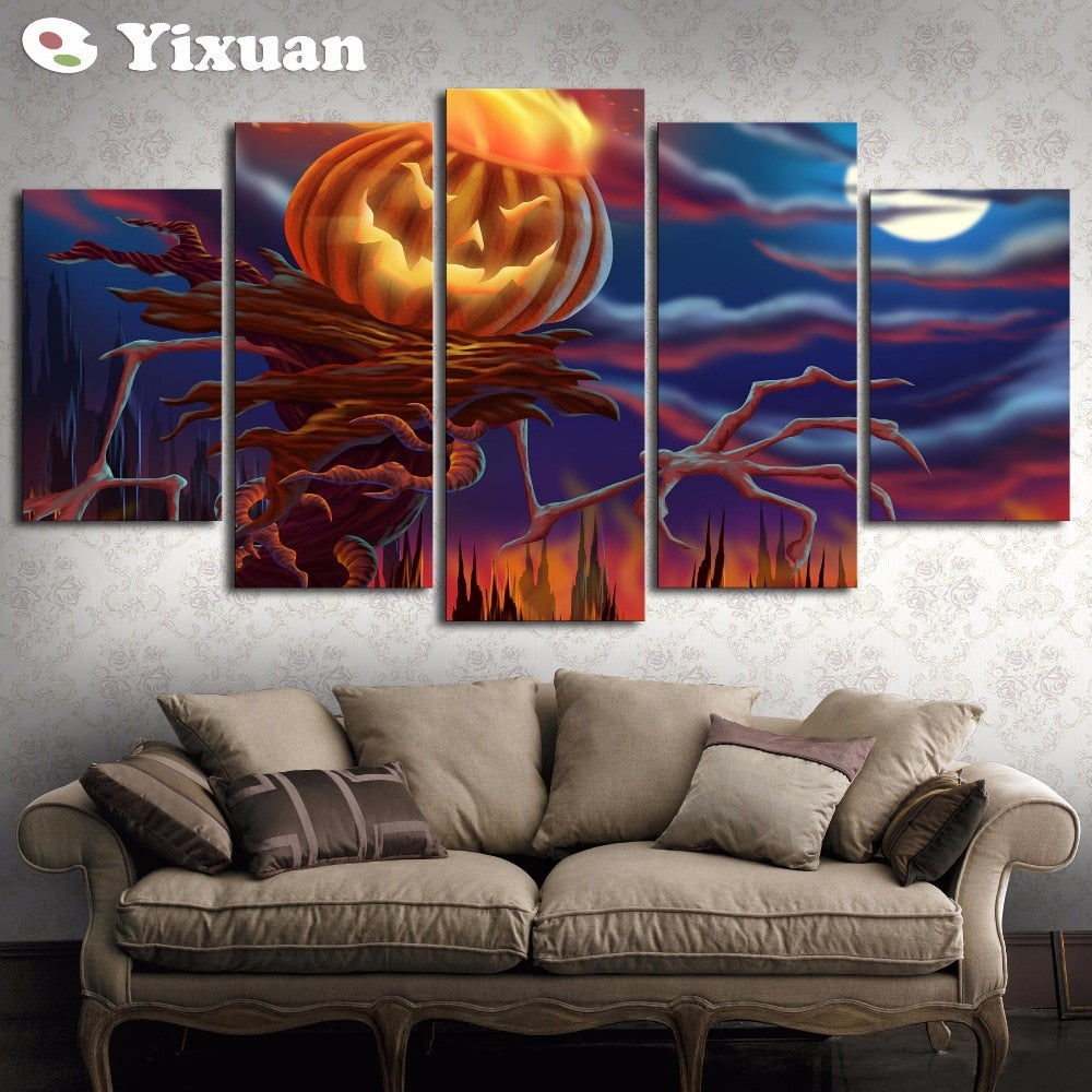 Frame 5 Panels Canvas Painting Halloween pumpkin head Wall Art Painting Modern Home Decor Picture For Living Room