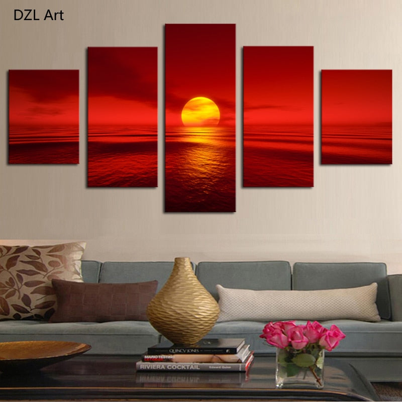 5 Panels(No Frame) Red Sun  Wall Decor Print on Canvas Oil Painting Canvas Painting for Christmas Gift