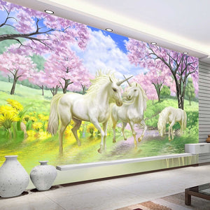 Custom 3D Mural Wallpaper Unicorn Dream Cherry Blossom TV Background Wall Pictures For Kids Room Bedroom Living Room Wallpaper - SallyHomey Life's Beautiful