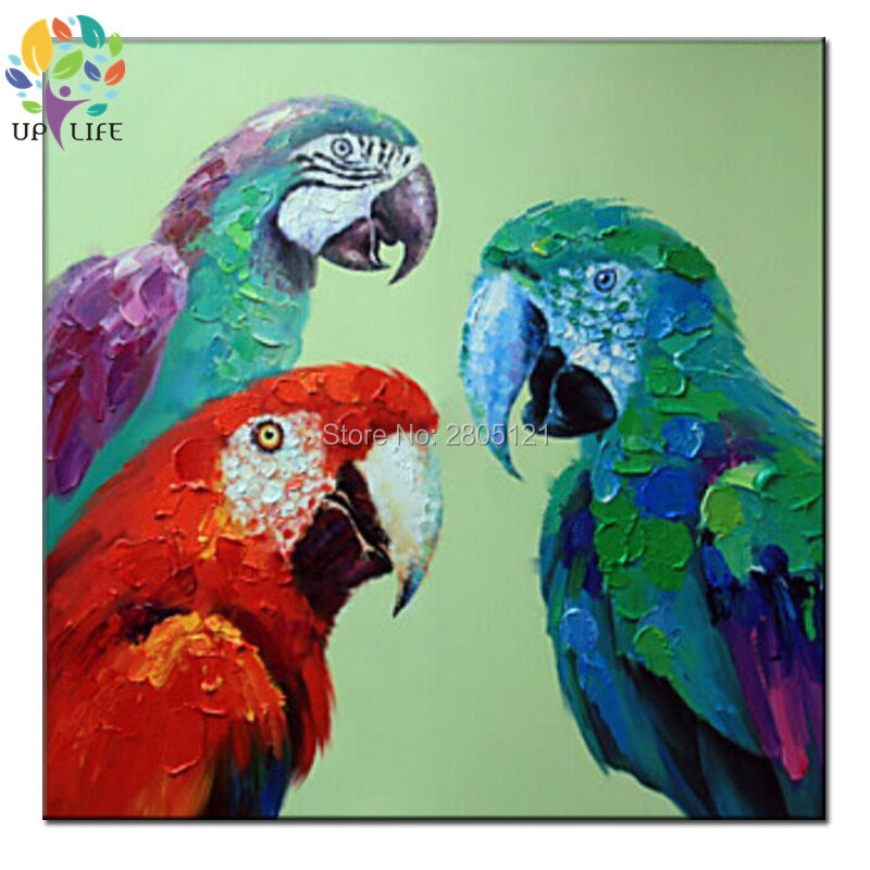 100% handmade red green parrot painting vividly colored bird oil paiting beautiful birds canvas picture room decor piece