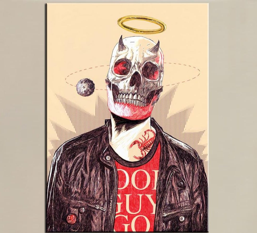 Hand-painted Calligraphy Christmas Gifts Canvas Painting Hells Angels Portrait Handmade Wall Art Human Skeleton Figure Oil Paint