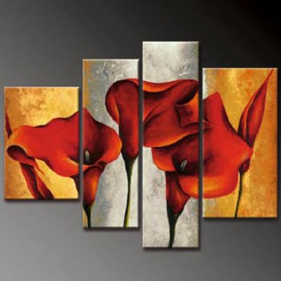 4 pcs Hand Painted Home Decor Canvas Painting Red Callas Legend-Modern Canvas Art Wall Decor-Floral Oil Painting Wall Art