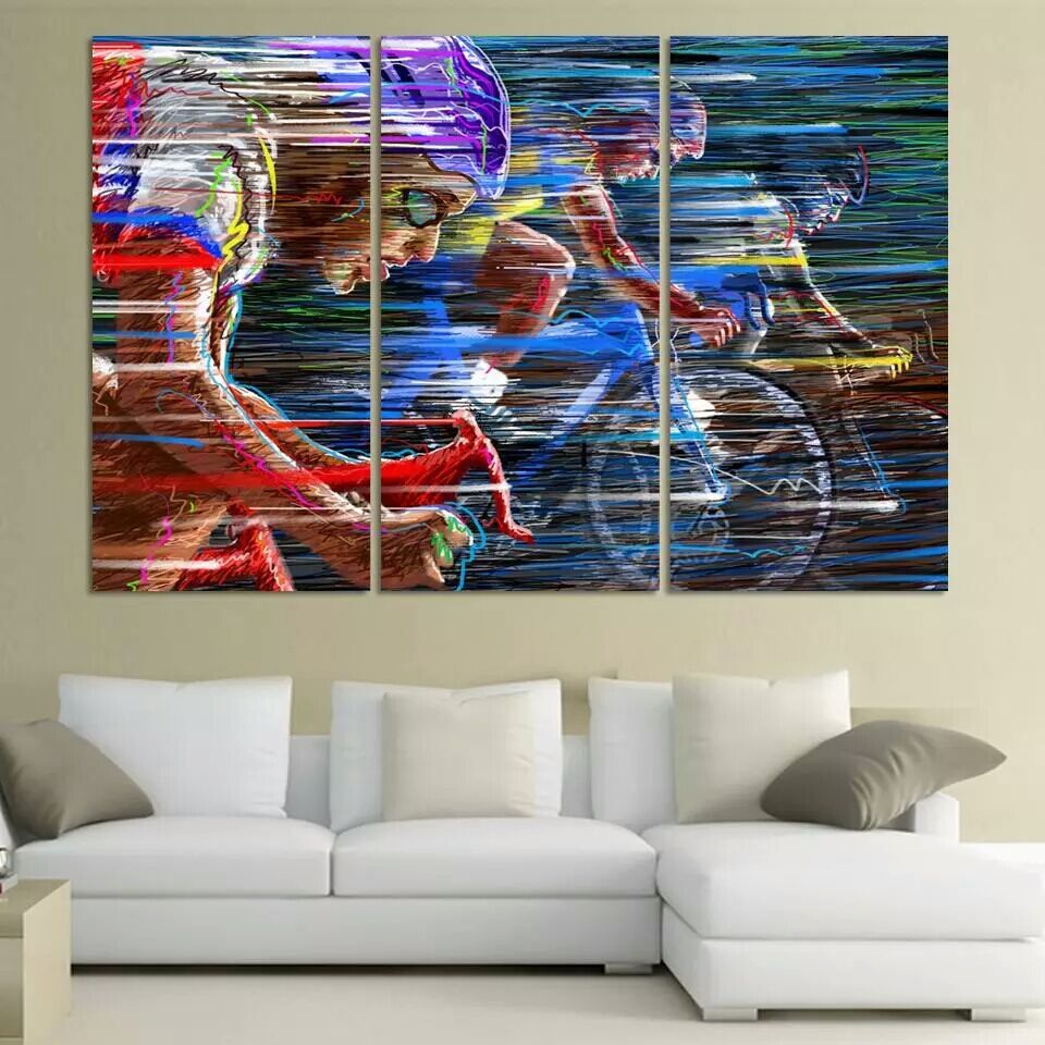 3 Pcs Bicycle Race Oil Painting Framed Canvas Wall Art Picture Blue Map Canvas Print Modern Wall Paintings Home Decoration