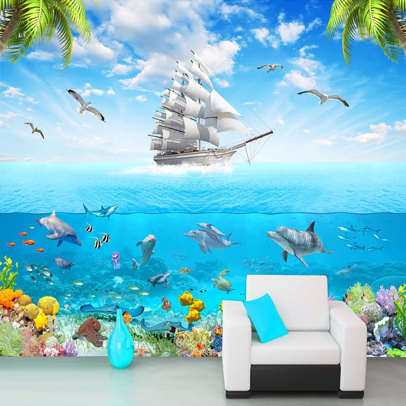 Custom Photo Wallpaper Sailing Dolphin 3D Underwater World Cartoon Picture Living Room Children Bedroom Decoration Wall Mural - SallyHomey Life's Beautiful