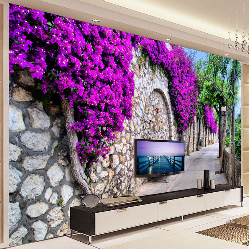 Custom Photo Wallpaper European Small Town Street Purple Flower Wall Painting Pictures Living Room TV Background Wallpaper Mural - SallyHomey Life's Beautiful