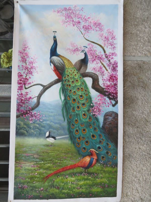 100% handpainted peacock bird red flower landscape handmade oil painting classical animal manual painting home wall decortion