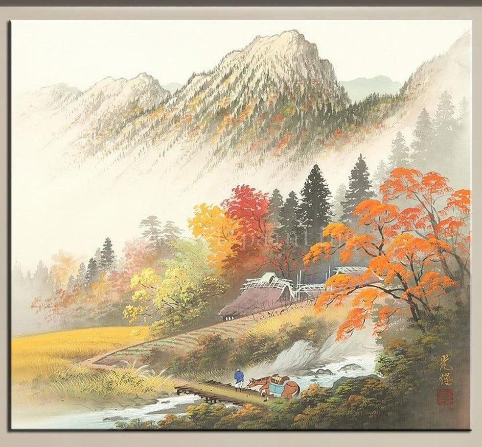 Handmade Modern Abstract Calligraphy Wall Art Picture Hand-painted Japanese Autunm Countryside Landscape Farm House Oil Painting