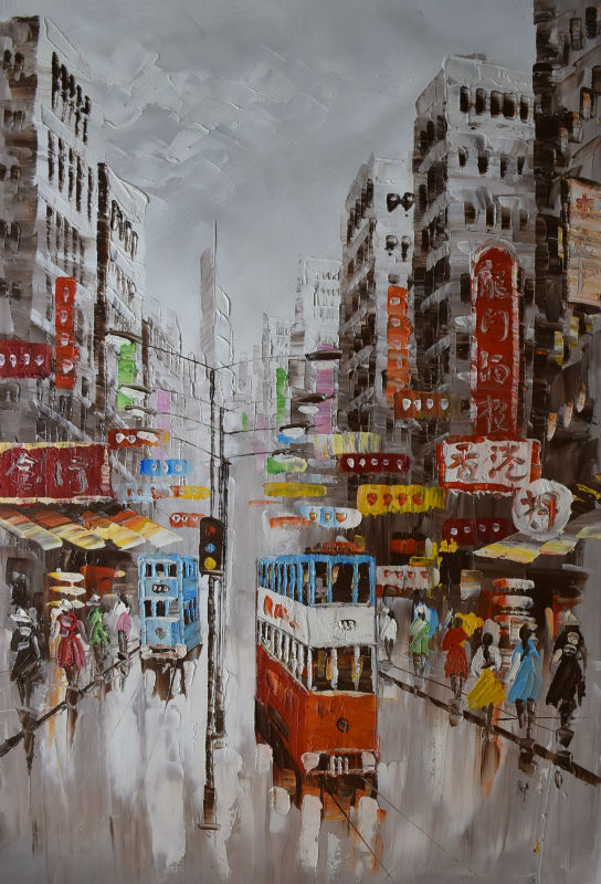 Hand Painted Oil Painting on Canvas Abstract Hong Kong Trams Street Canvas Painting Wall Art Picture Paiting for Home Decoration