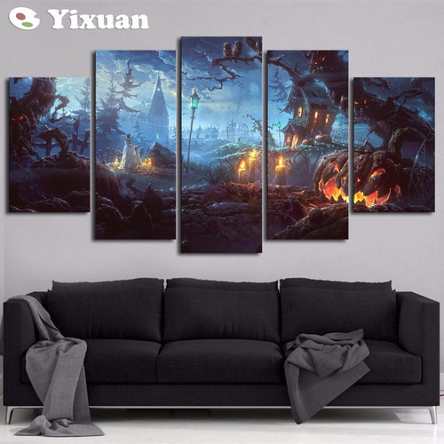 Frame 5 Panels Canvas Painting Pumpkin castle on Halloween day Wall Art Painting Modern Home Decor Picture For Living Room