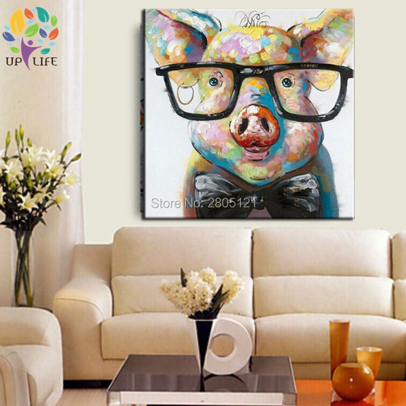 Hand painted modern designed funny animal oil paiting clever smart pig with glasses ideas wall canvas art cheap home decor gift