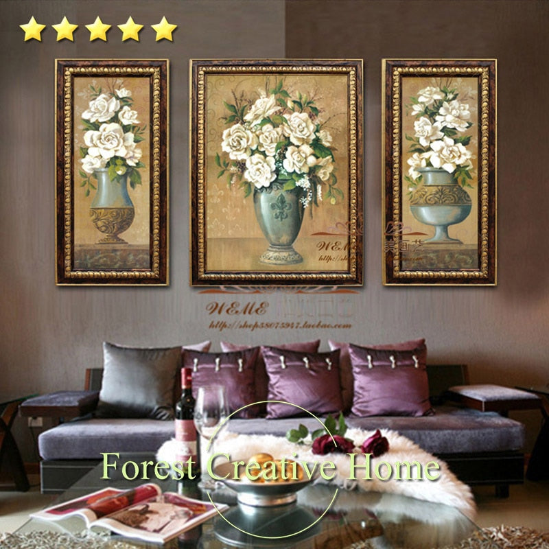 Europe classic style flowers oil painting wall living room home decoration 3 pcs customized oil canvas art painting