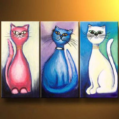 3 pcs Hand Painted Home Decor Canvas Painting Cat Stories-Modern Canvas Art Wall Decor-Animal Oil Painting Wall Art